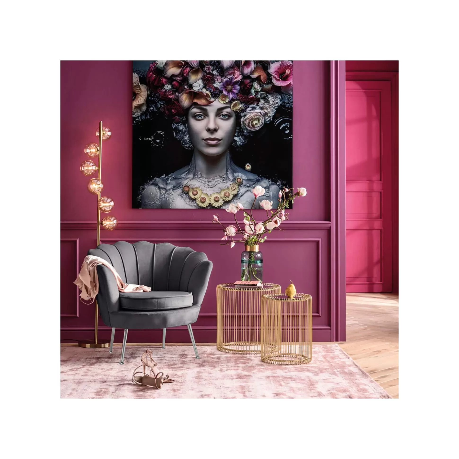 Fauteuil Water Lily Velours Gris Et Acier Doré ^KARE Design Store