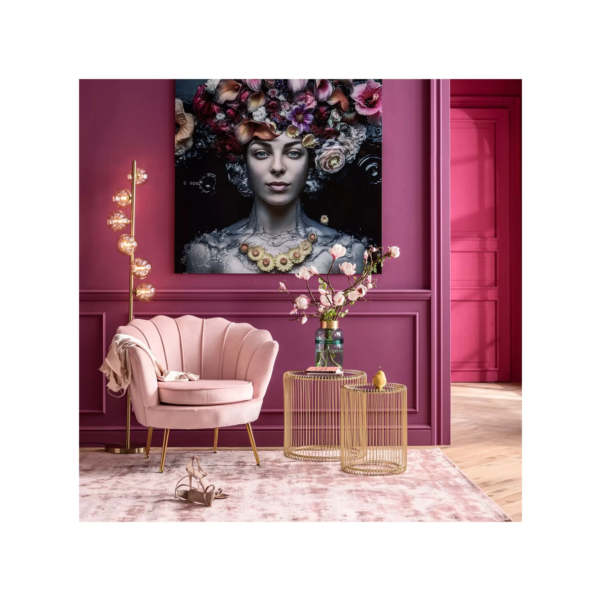 Fauteuil Water Lily Velours Rose Et Acier Doré ^KARE Design Online