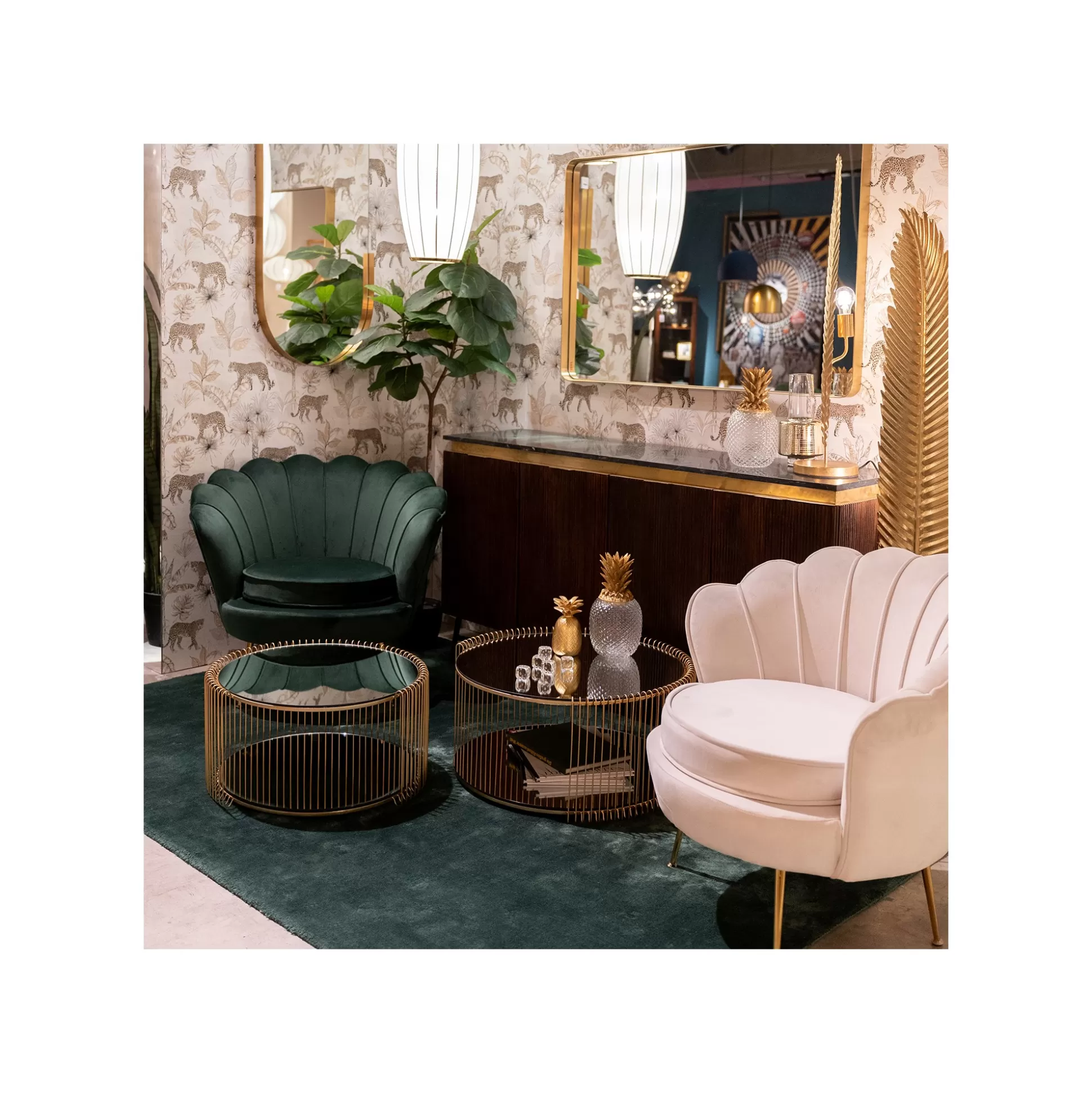 Fauteuil Water Lily Velours Vert Et Acier Doré ^KARE Design Best