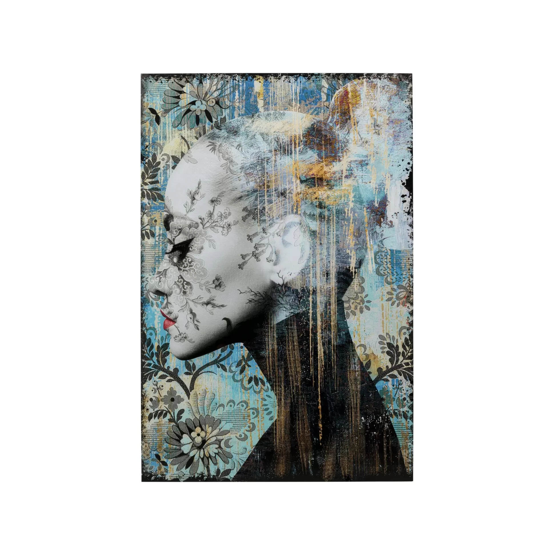 Tableau En Verre Bleu Femme Profil Fleurs 100x150cm ^KARE Design Discount