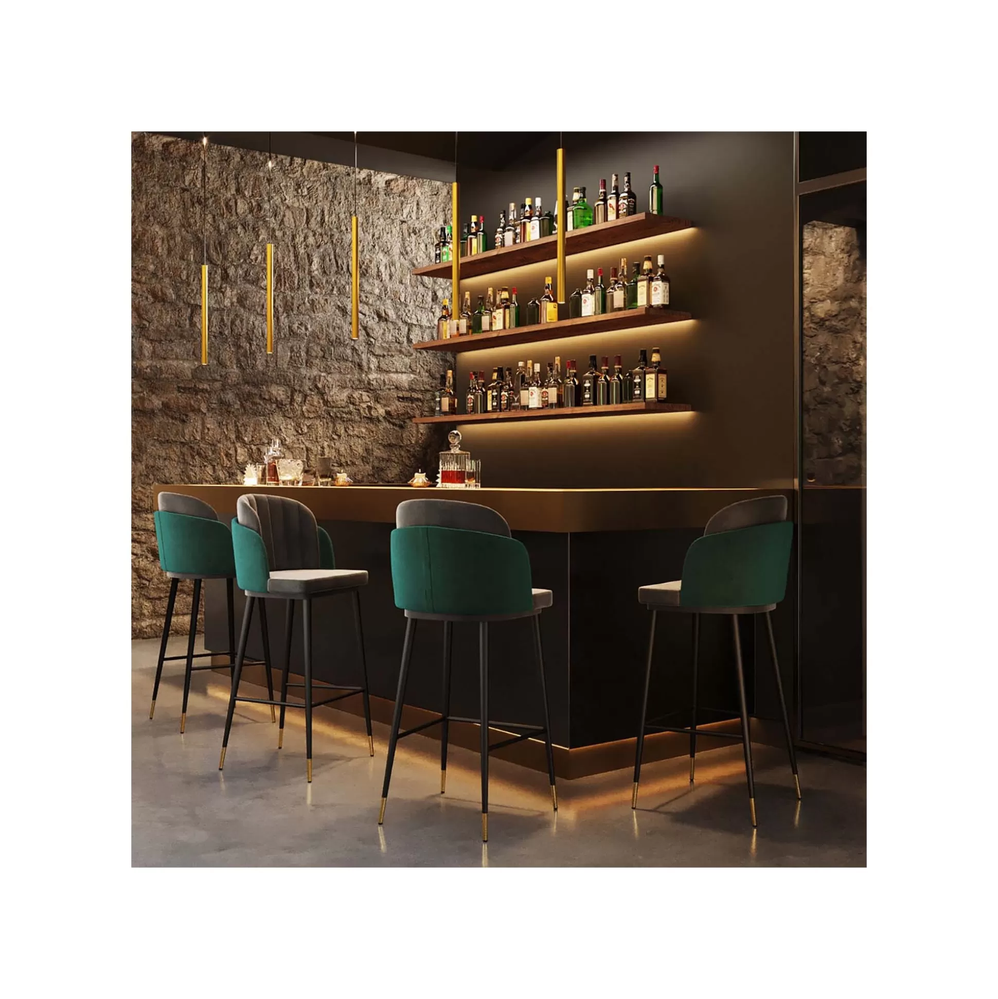 Tabouret De Bar Hojas Velours Gris Et Vert ^KARE Design Outlet